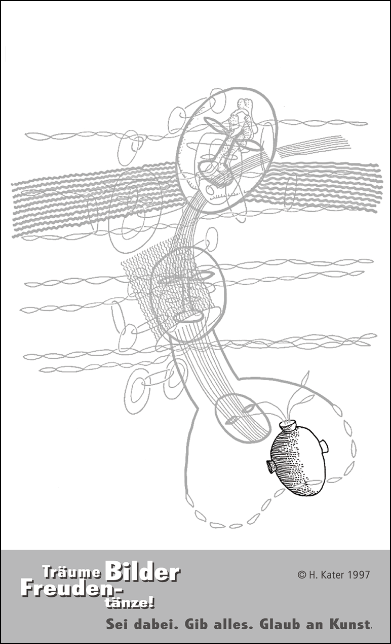 Hannes Kater: Auftragskärtchen *05 Herzbombe, Rückseite, Version von 1997