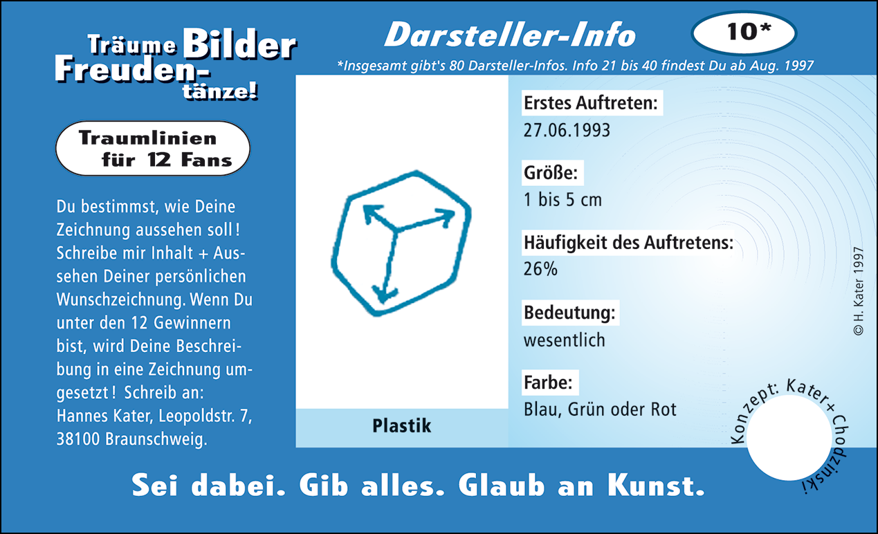 Hannes Kater: Auftragskärtchen *10 Plastik, Vorderseite, Version von 1997