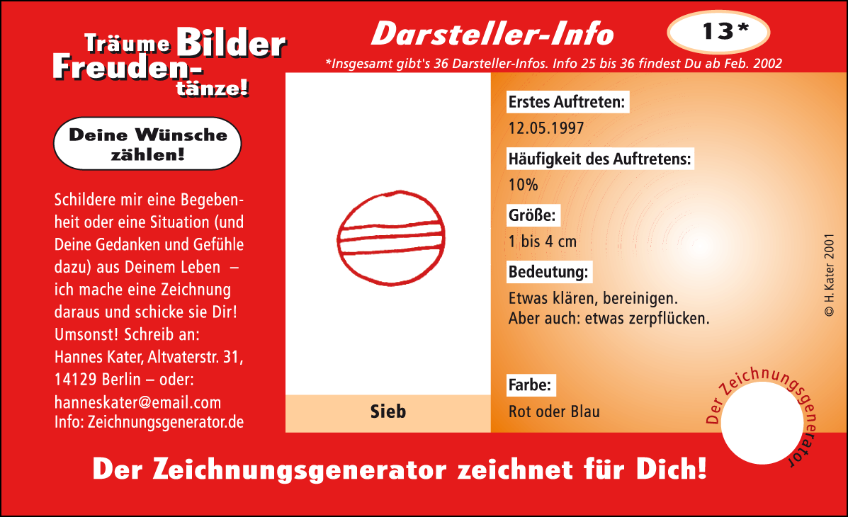 Hannes Kater: Auftragskärtchen *13 Sieb, Vorderseite, Version von 2001