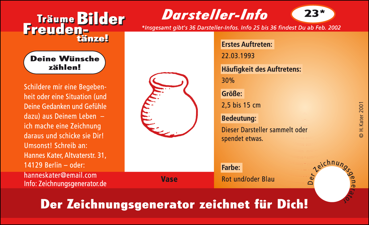 Hannes Kater: Auftragskärtchen *23 Vase, Vorderseite, Version von 1997