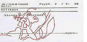 Hannes Kater: Zeichnung auf Laufzettel der Pychatrie Mainz  Von Chaos und Ordnung der Seele II, Mainz 2000, 283x136 Pixel